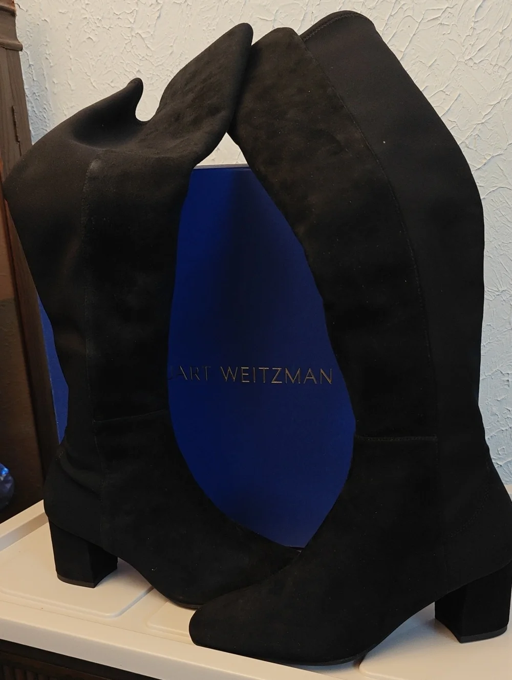 Stuart Weitzman Black Suede Knee Boots with Block Heel